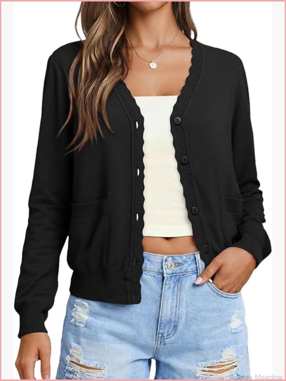 V-Neck Button Front Cardigan with Pockets Lightweight Knit